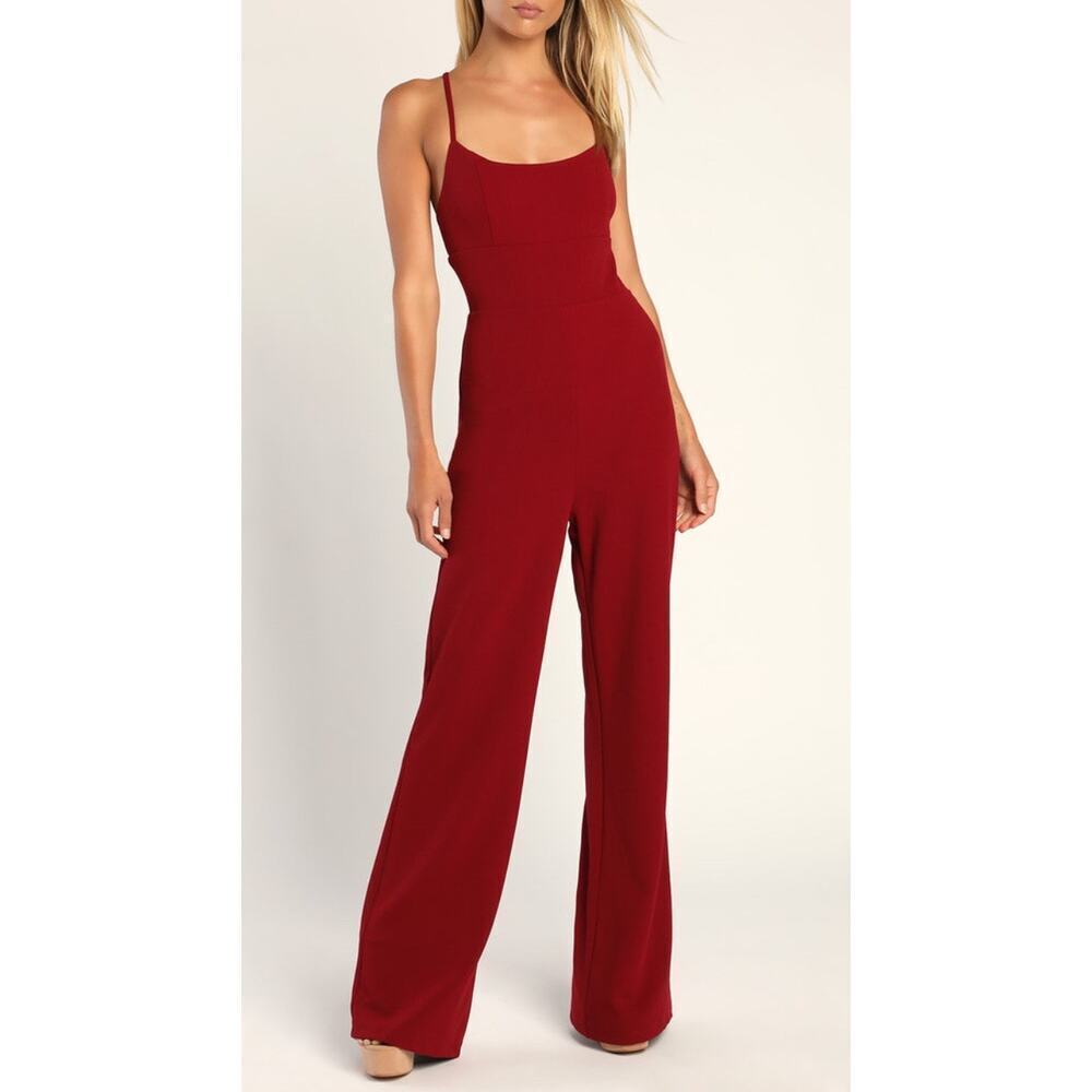 Lulus Sincerely Stunning Burgundy Scoop Neck Wide-Leg Jumpsuit Size Small